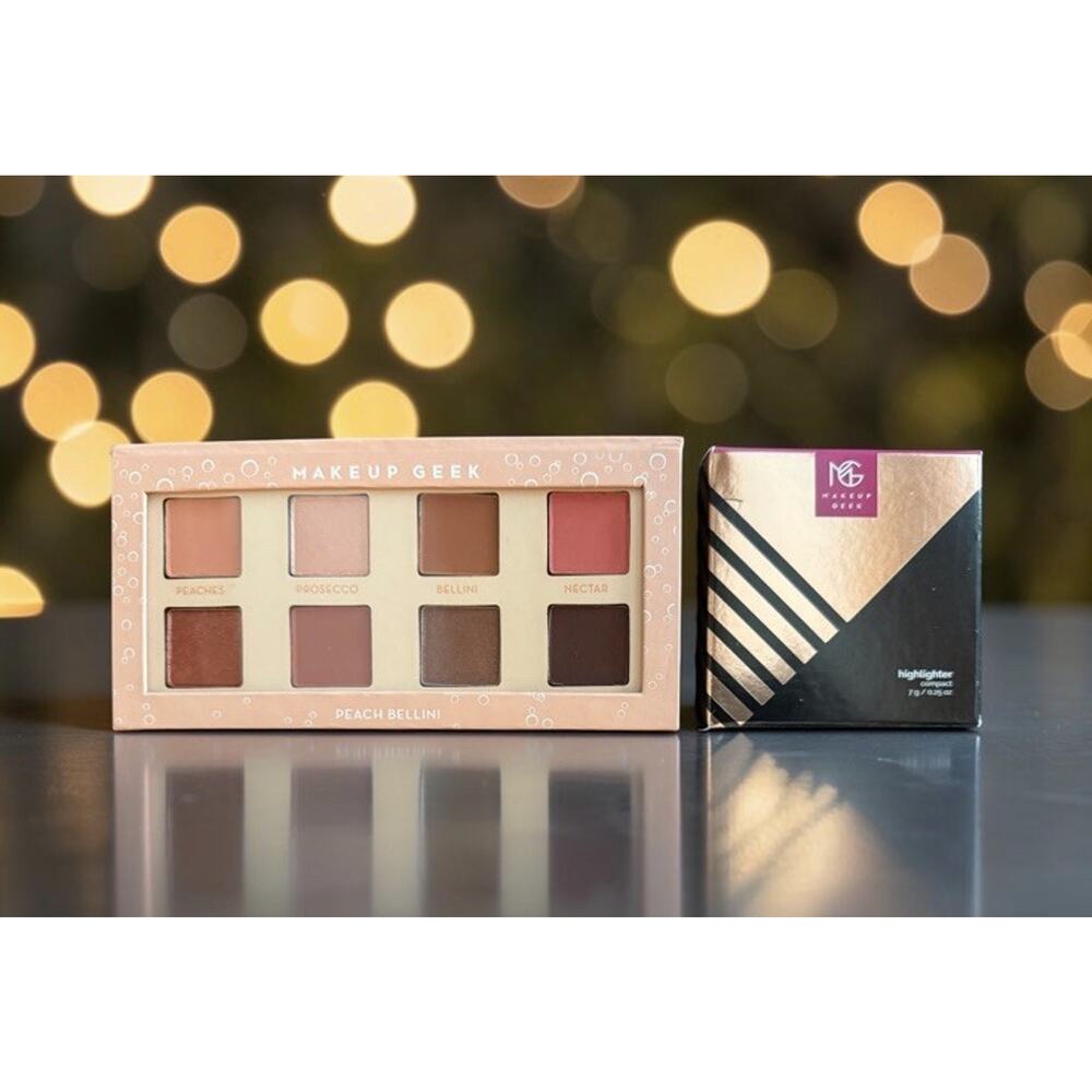 MAKEUP GEEK Peach Bellini Eyeshadow Palette + MIDNIGHT SUN Highlighter NEW / HTF